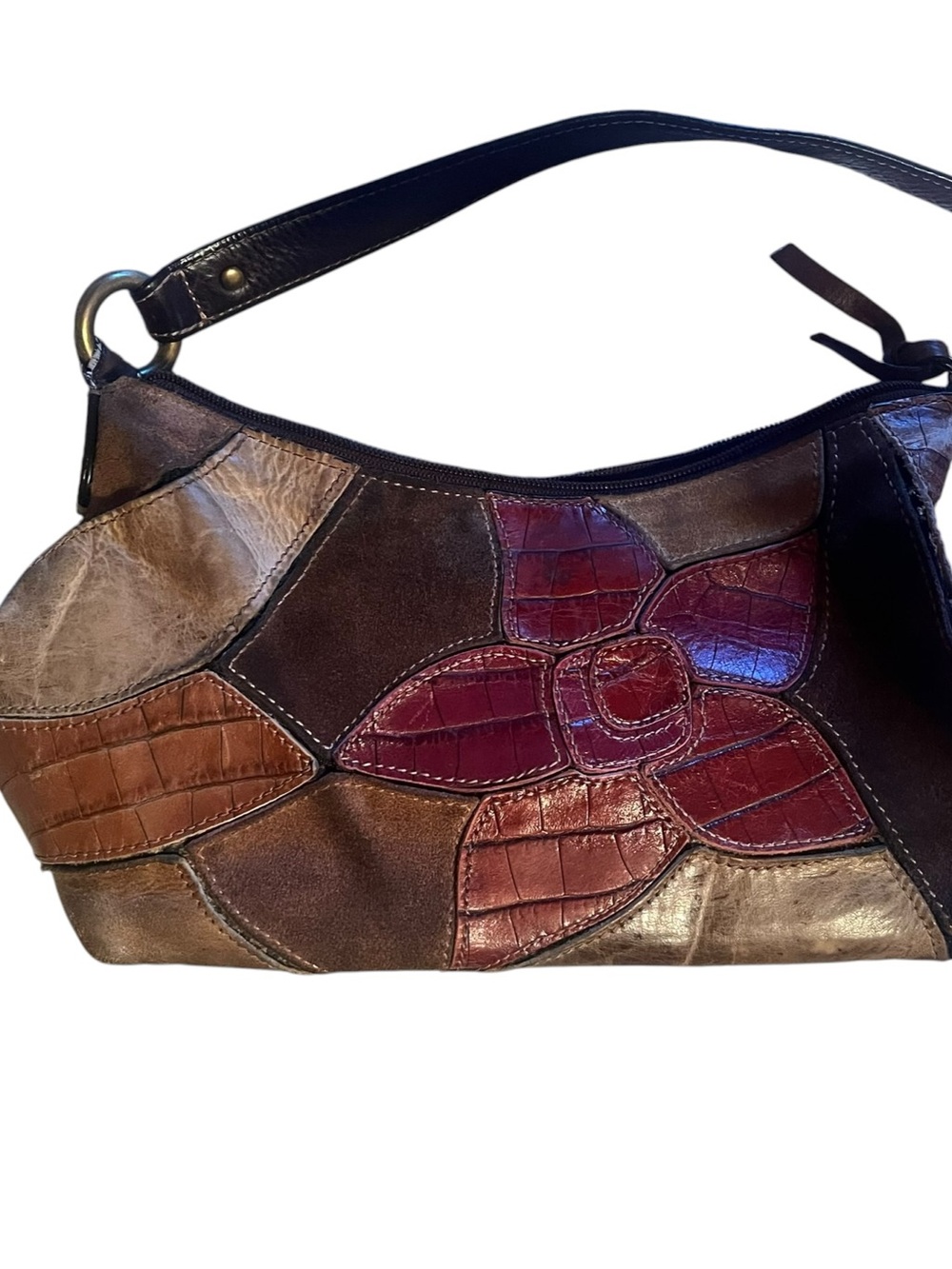 Fossil Patchwork Floral Shoulder Bag in Brown and Burgundy